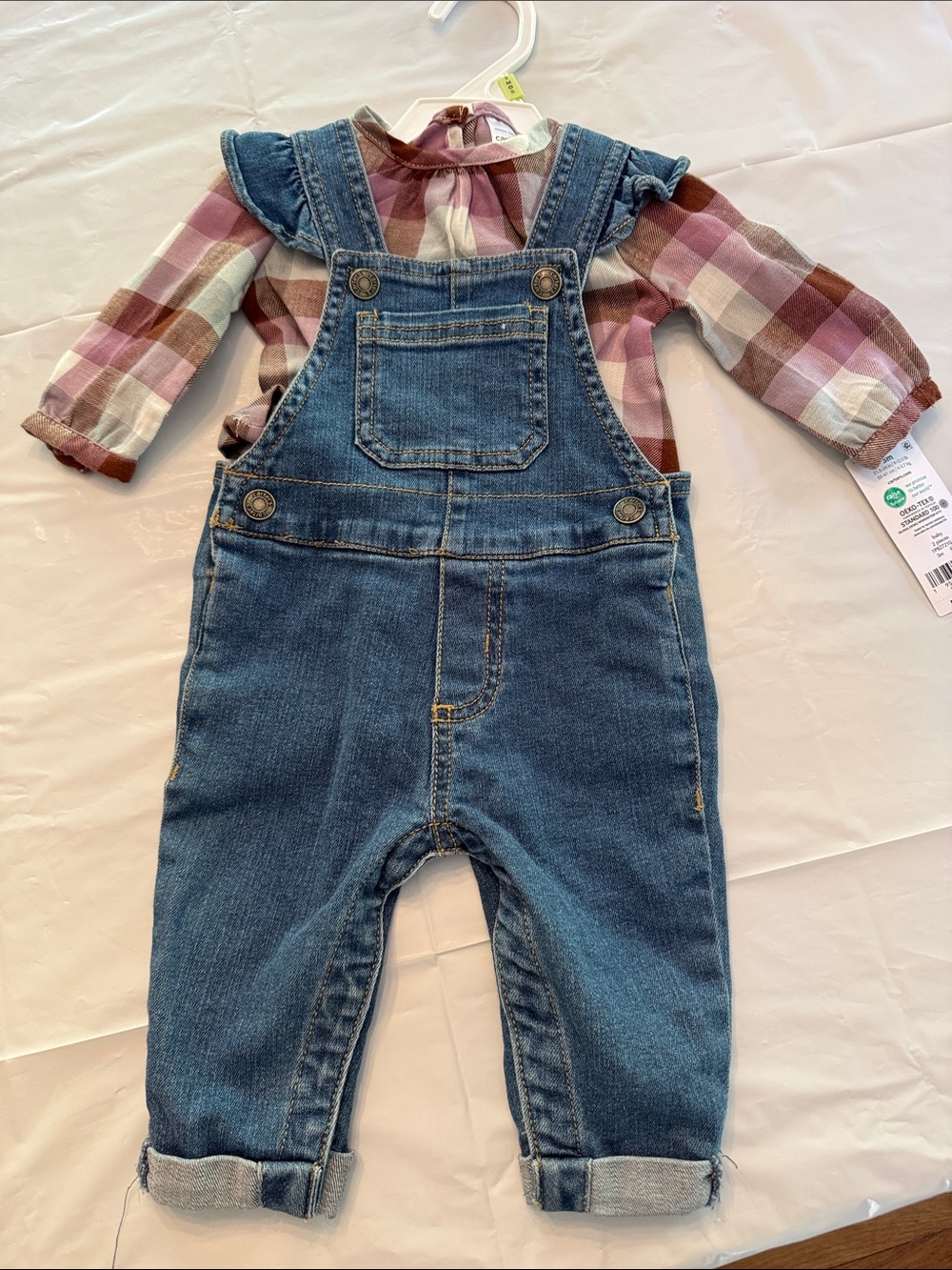 Infant set - Denim Overalls with Pink Plaid Top